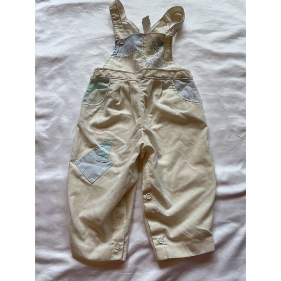 Vintage White Lightweight Cotton Patchwork Wagon Overalls One Piece Button 12 mo - Picture 1 of 11